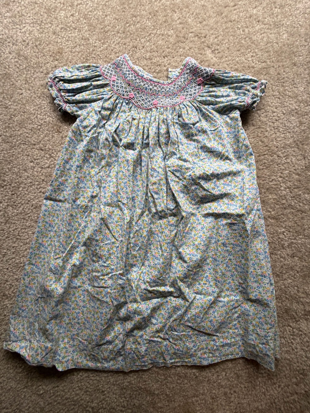 Sweet Dreams Pink-Trimmed Light Blue Floral Smocked Dress